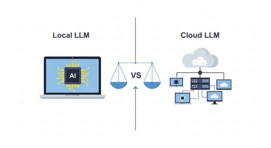 ローカルLLMとクラウドLLMを比較したイラスト。PC内で処理するローカルAIと、クラウドサーバーで処理するAIを左右で対比したインフォグラフィック。